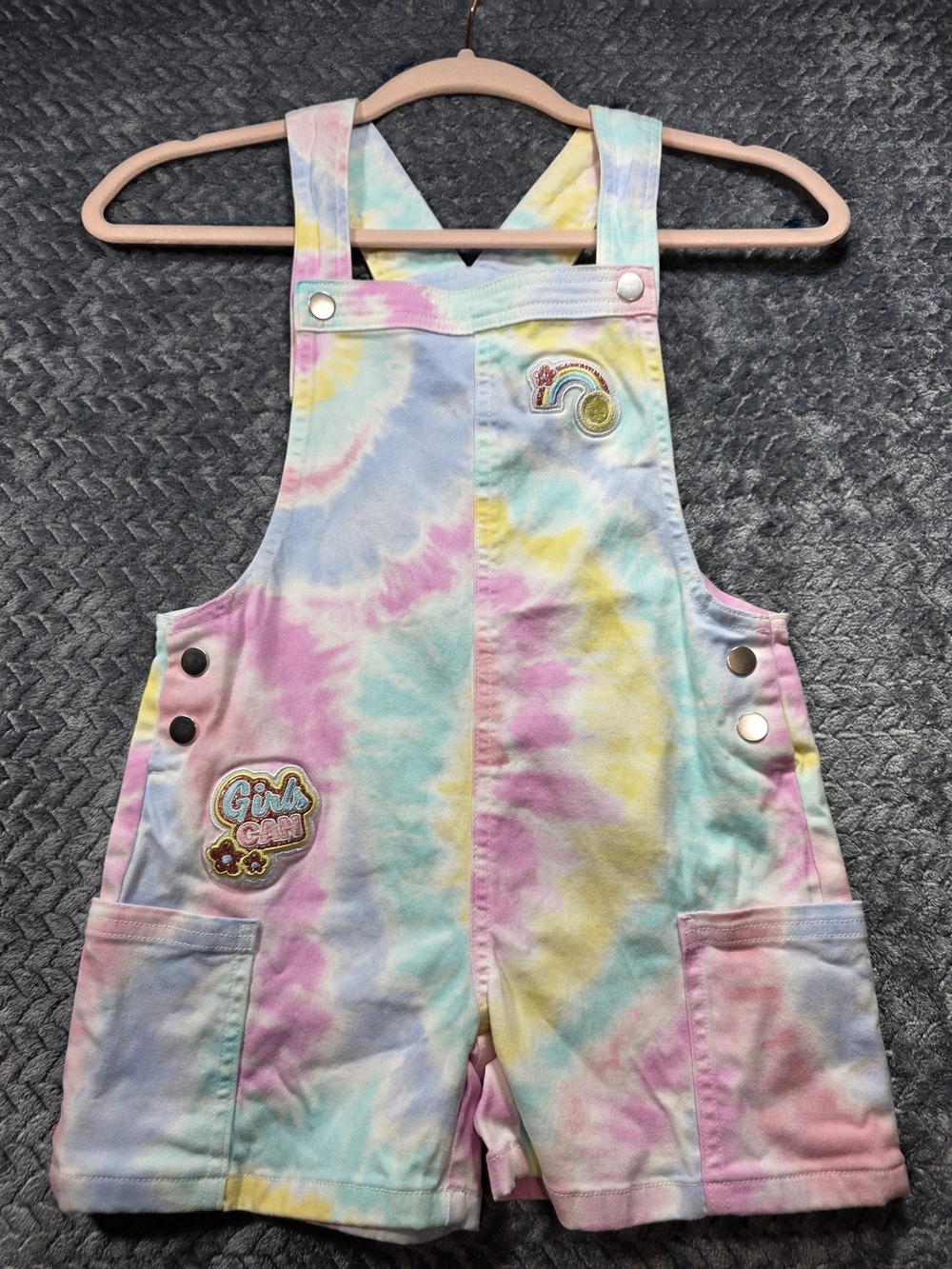 Girls' Pastel Tie-Dye Short Overalls with Rainbow Patch